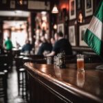 View of the interior of an Irish bar, blurred, with some people